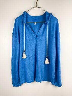 Sigrid Olsen 100% Linen Boho Tassel Hoodie XL Blue Coastal Grandmother Beach